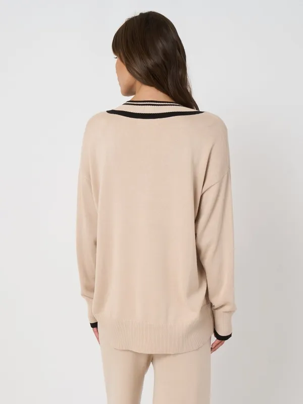 Cotton Striped V-Neck Ribbed Sweater