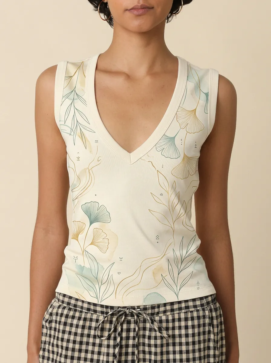 Women's Botanical Ginkgo Leaf Floral Printed V-Neck Tank Top