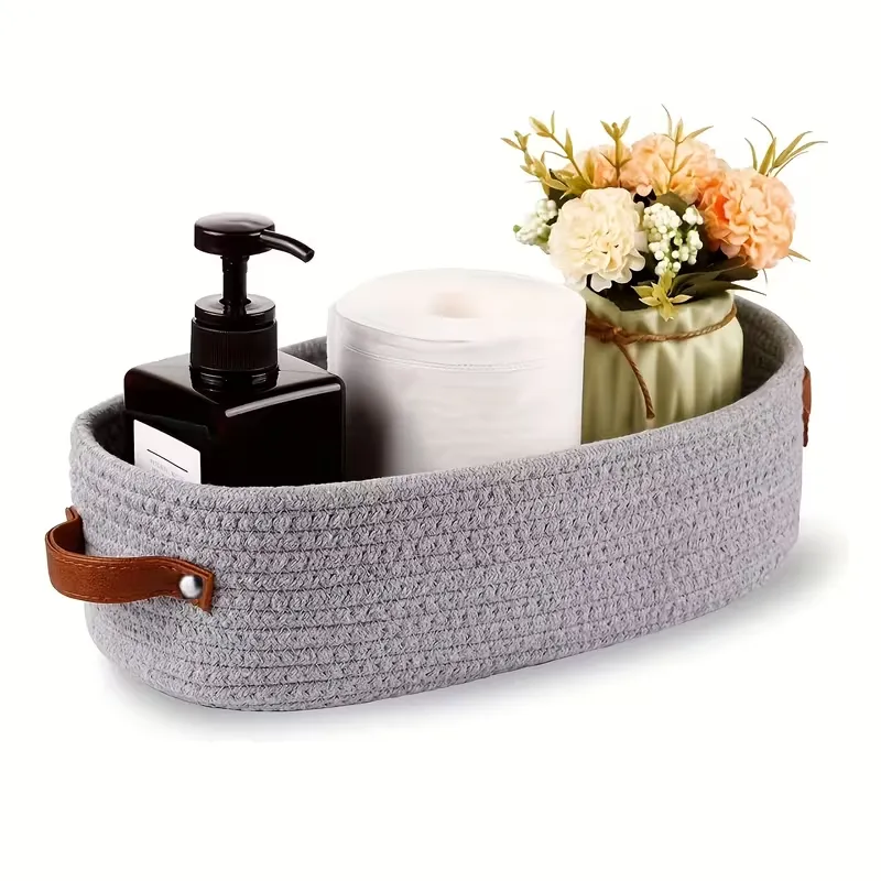 Woven Fabric Storage Basket with Leather Handles