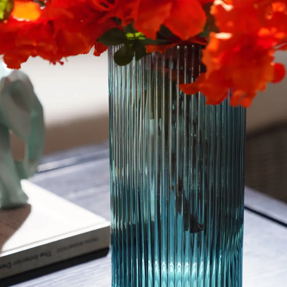 Teal Ribbed Glass Vase