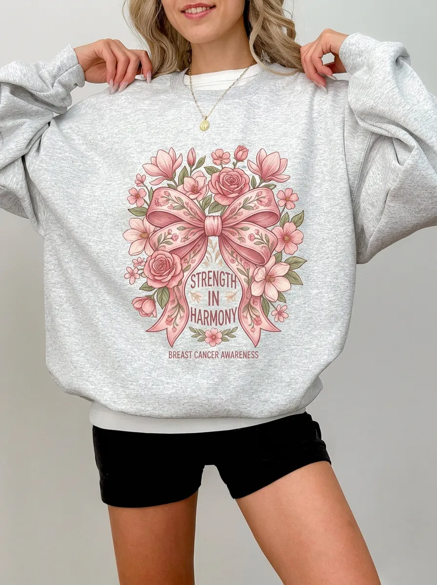 Women's Breast Cancer Awareness Floral Bow Strength In Harmony Printed Sweatshirt
