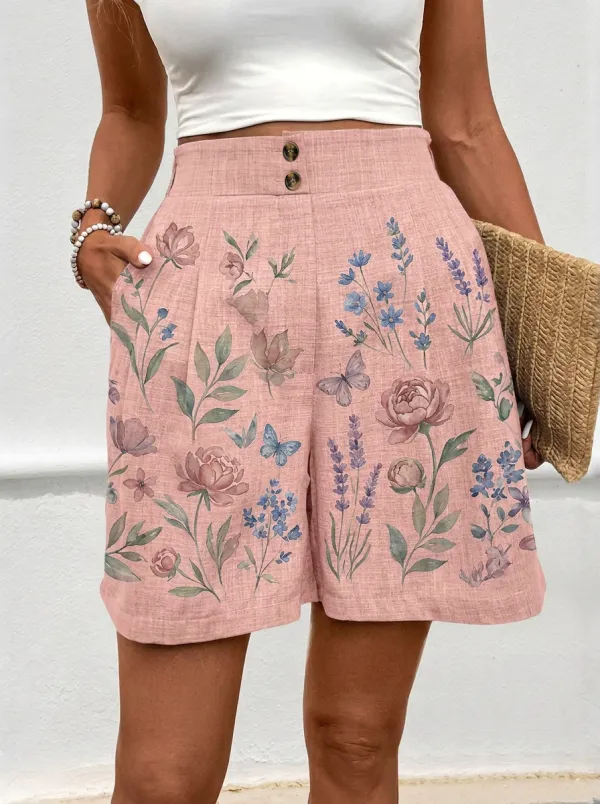 Women's Botanical Garden Butterfly Floral Printed Linen Shorts