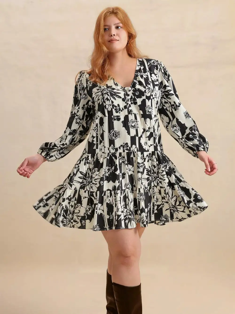 Drape Printed V Neck Long Sleeve Mini Dress