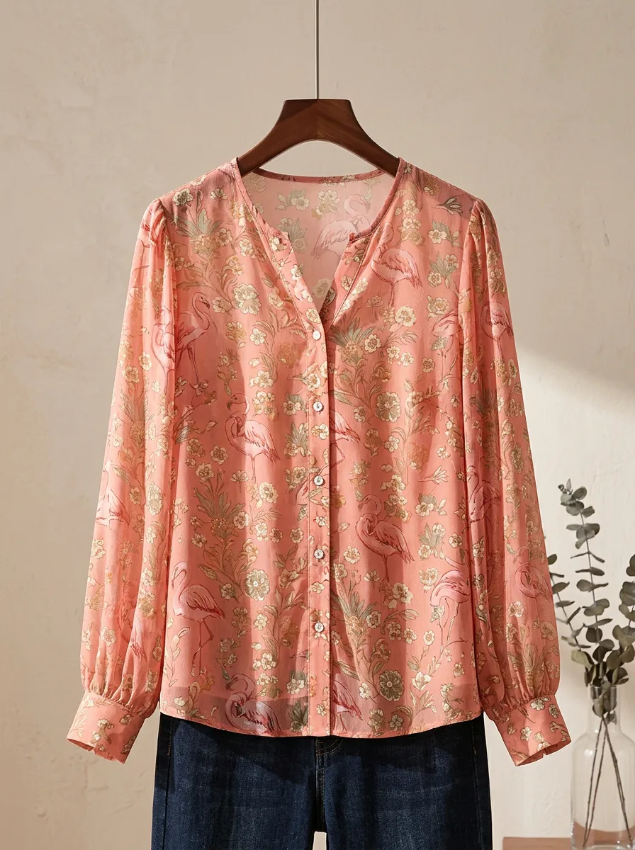 Flamingo Floral Nature Women's Loose Printed Blouse