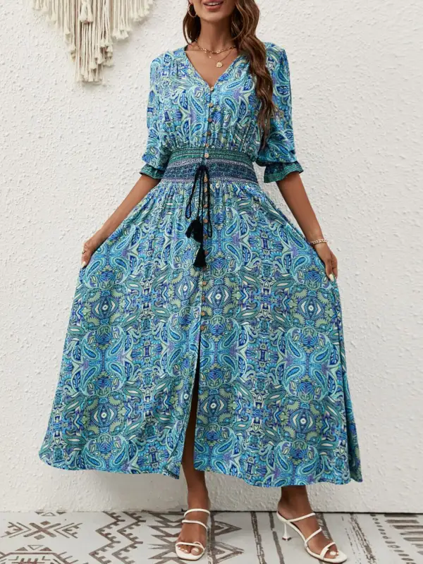Smocked Half-Sleeve Midi Dress