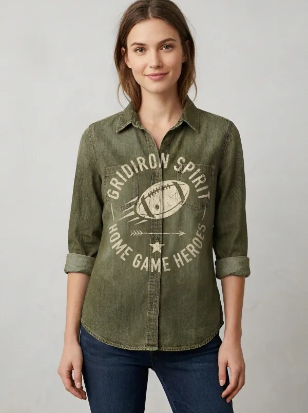 Women's Football Fan Gridiron Spirit Graphic Denim Shirt