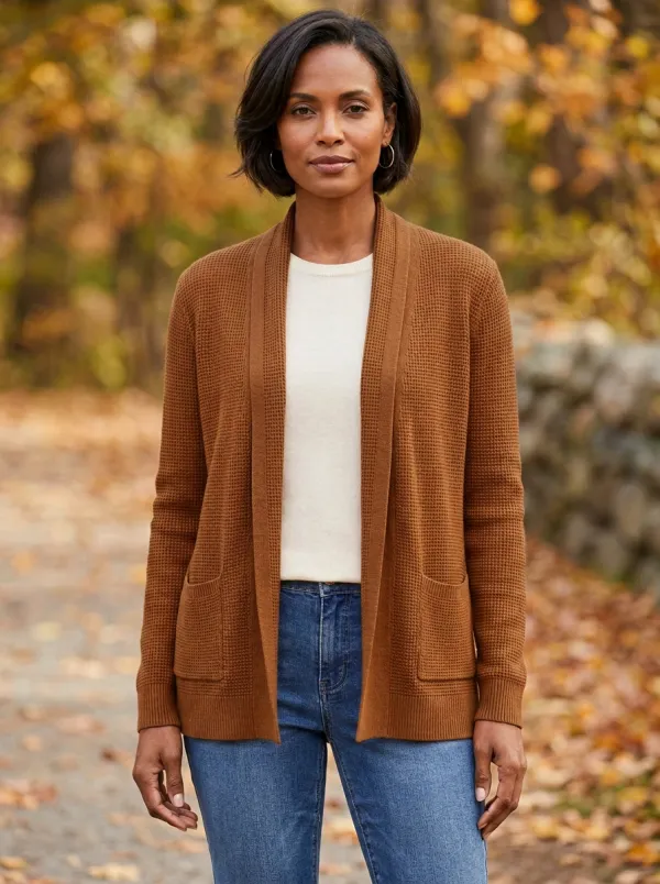 Easygoing Waffle-Knit Open-Front Knit Cardigan