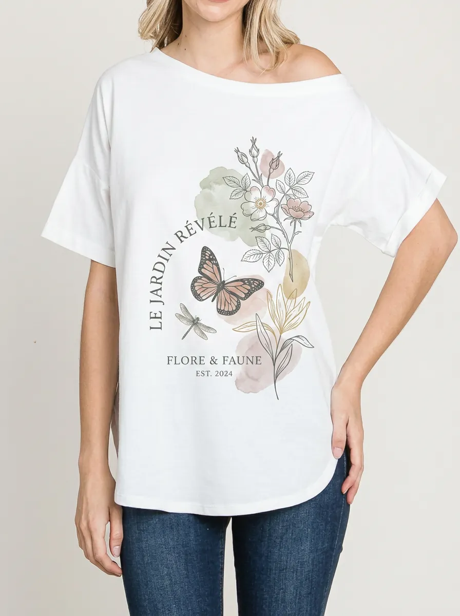Women's Botanical Butterfly Dragonfly Floral Printed T-shirt