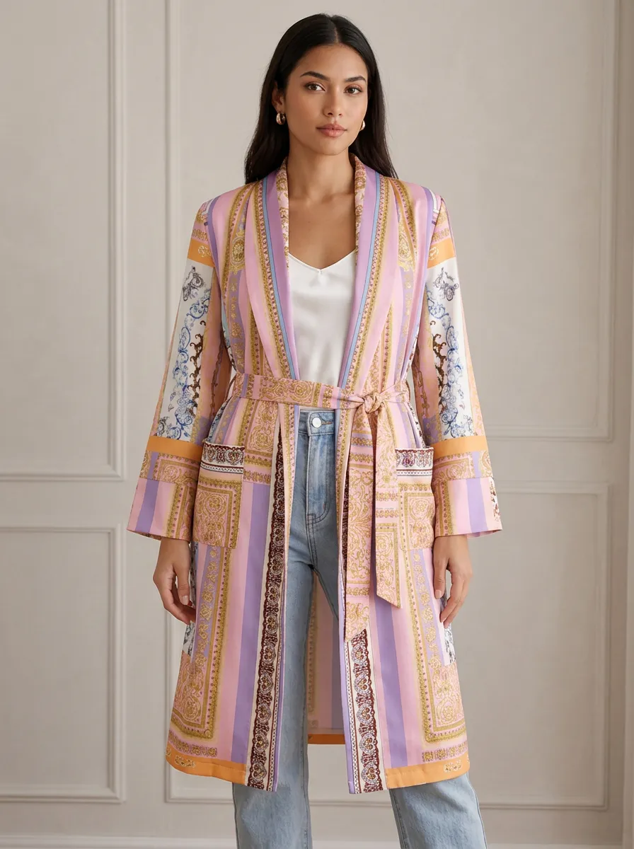 Women's Boho Chic Baroque Striped Printed Longline Jacket