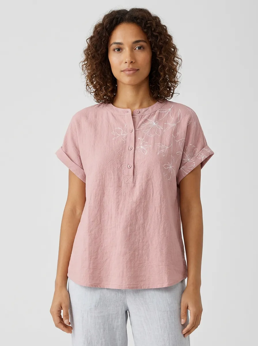 Women's Floral Pattern Pink Embroidered Printed Cotton And Linen Top