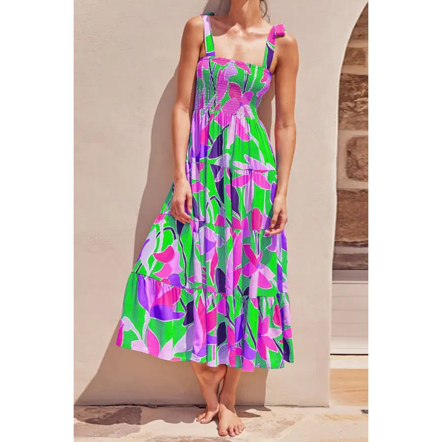 Tie-Shoulder Smocked Midi Dress