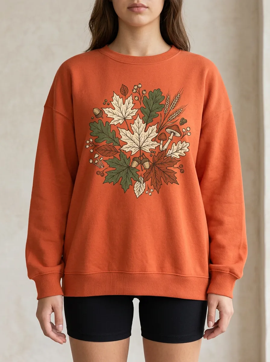 Maple-Leaf Printed Mushroom Graphic Sweatshirt