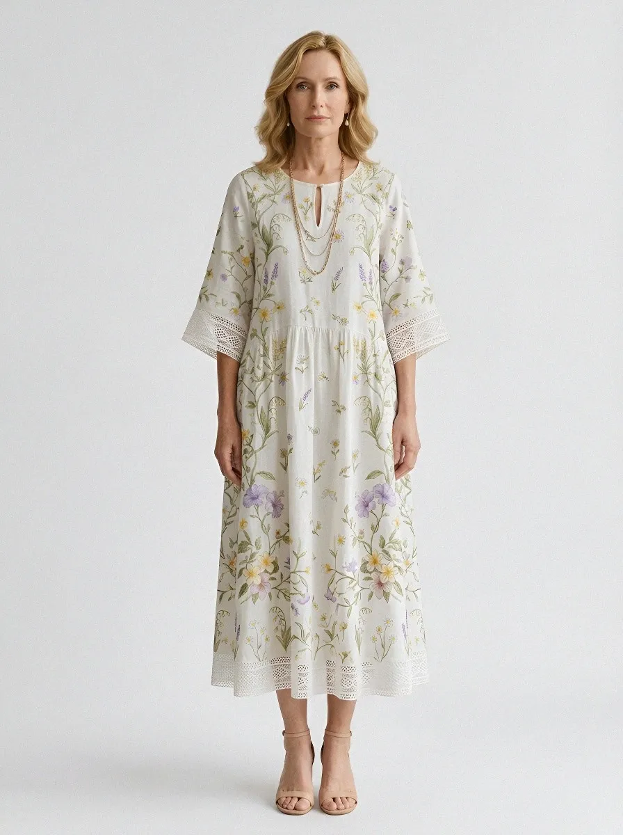 Women's Summer Vacation Floral Botanical Printed Midi Dress