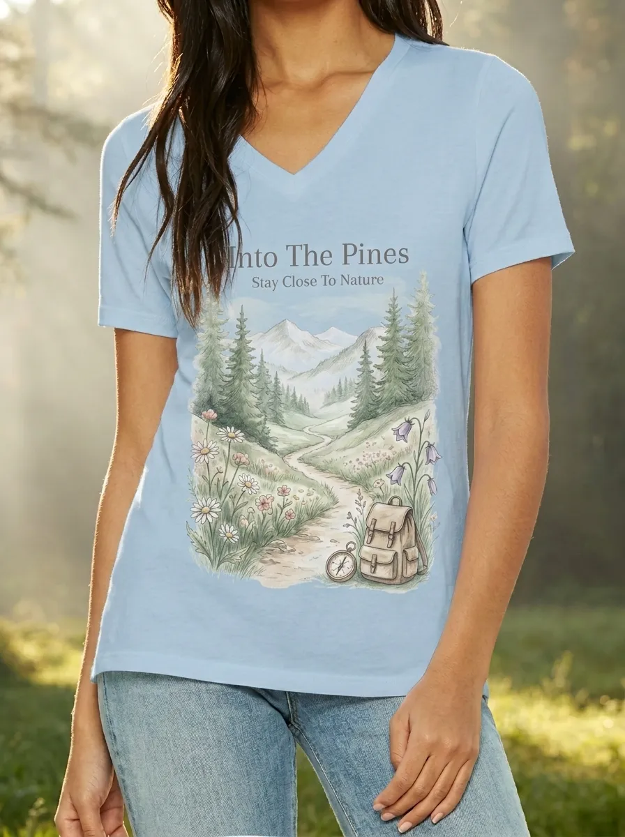 Women's Nature Hiking Lover Mountain Forest Backpack Printed V-neck T-shirt