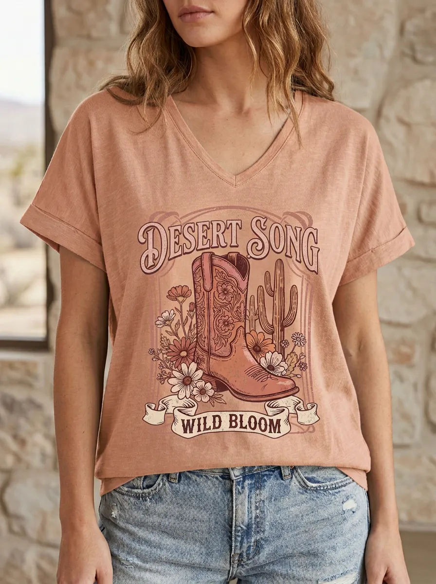 Women's Western Cowboy Boot Cactus Floral Printed V-Neck T-Shirt