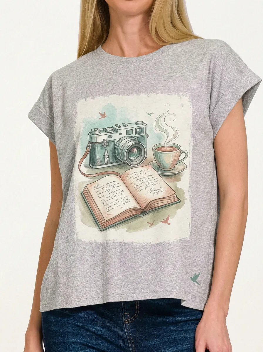 Women's Photography Book Coffee Lover Printed T-shirt