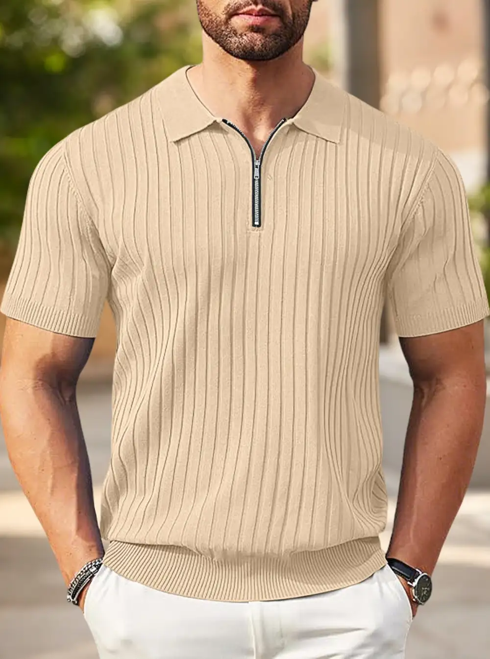 Zip Front Short Sleeve Fine Knit Polo Shirt