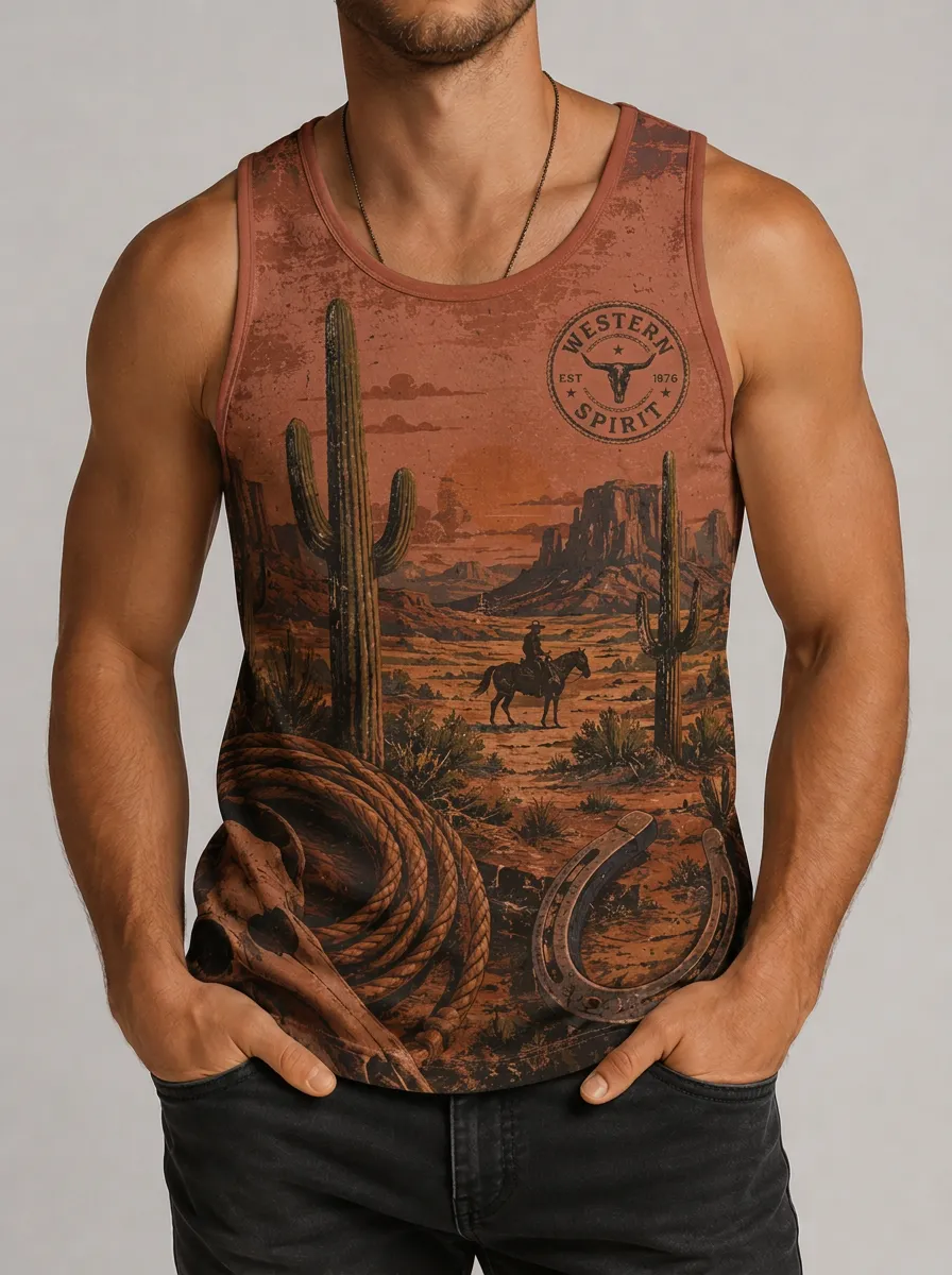 Men's Western Spirit Cowboy Cactus Printed Tank Top