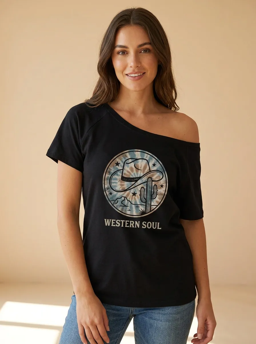 Women's Western Soul Cowboy Hat Cactus Printed Off-Shoulder T-shirt