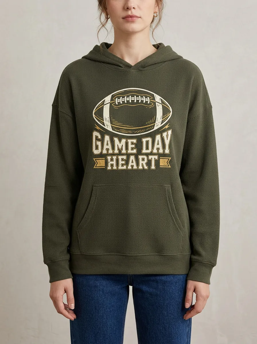 Women's Easygoing Football Lover Game Day Heart Printed Waffle Hoodie