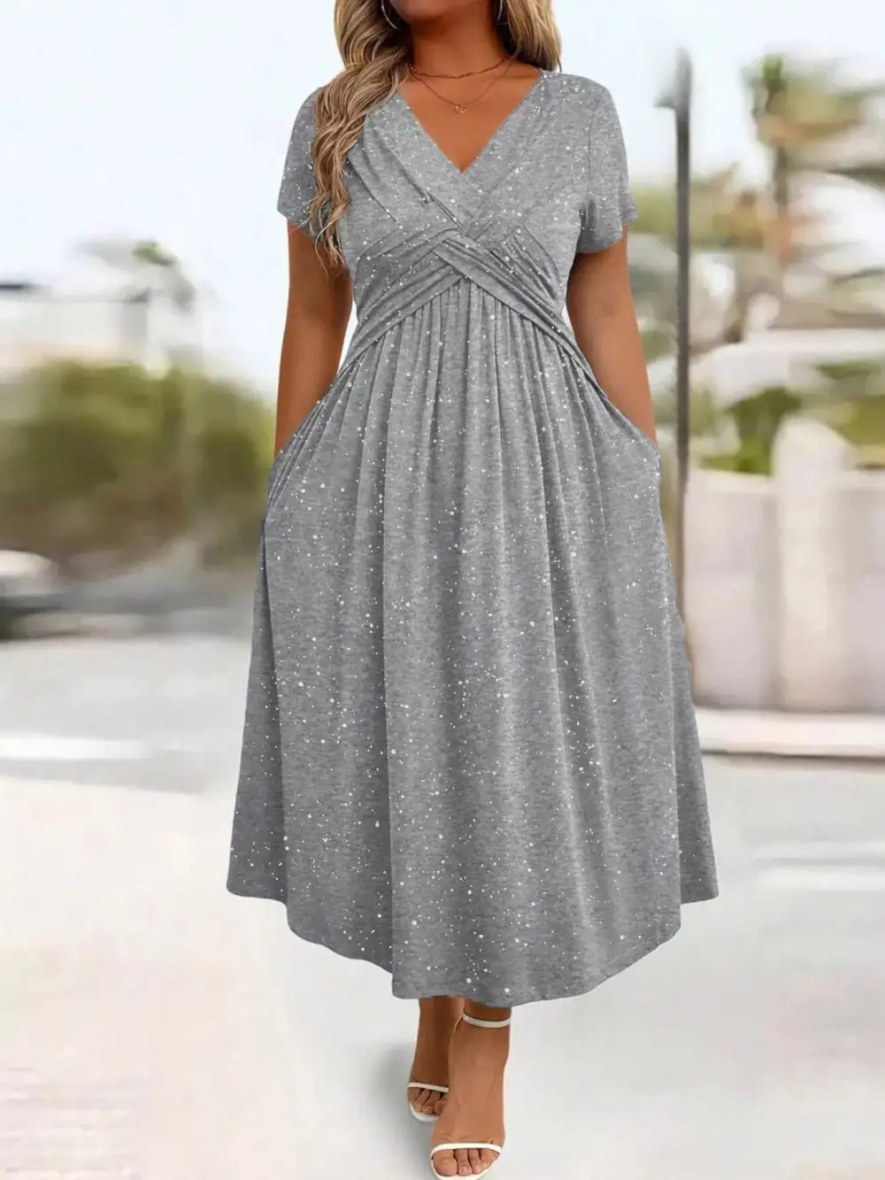 Glitter Flutter Sleeve Midi Dress