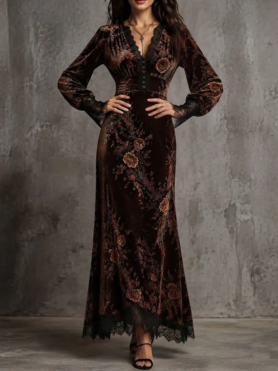 Vintage Velvet Floral Lace V Neck Puff Sleeve Evening Dress