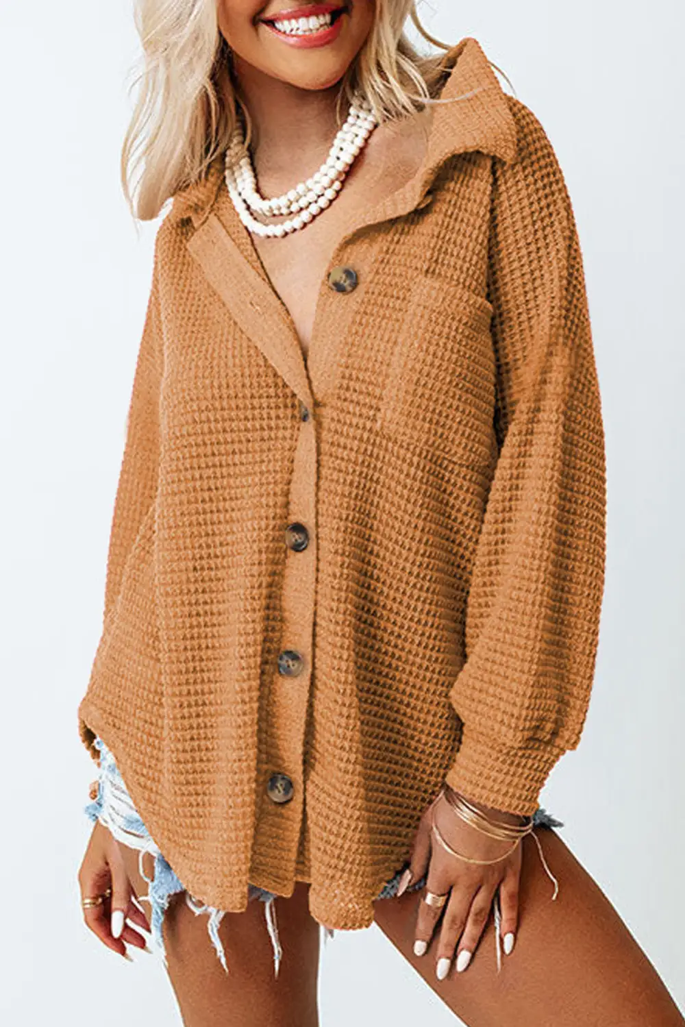 Waffle Knit Button Front Blouse