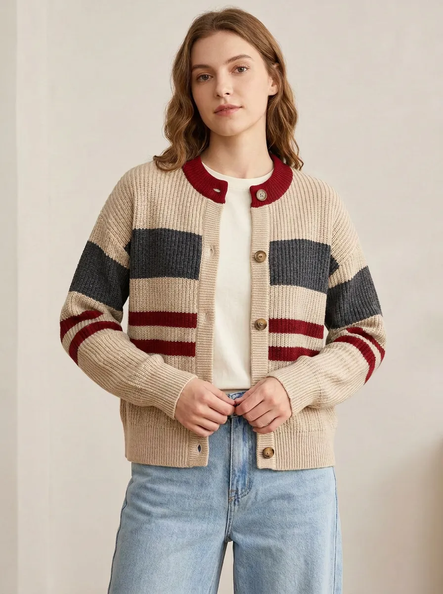 Layered Rugby Striped Knit Cardigan