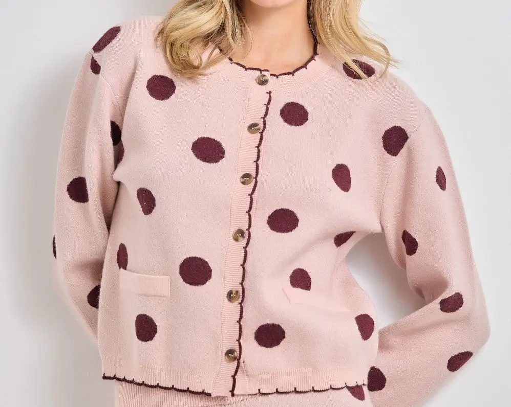 Polka Dot Button Up Ribbed Knit Cardigan