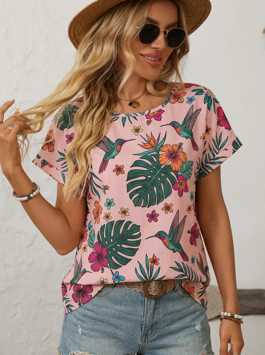 Hummingbird Hibiscus Tropical Women's Loose Printed T-Shirt
