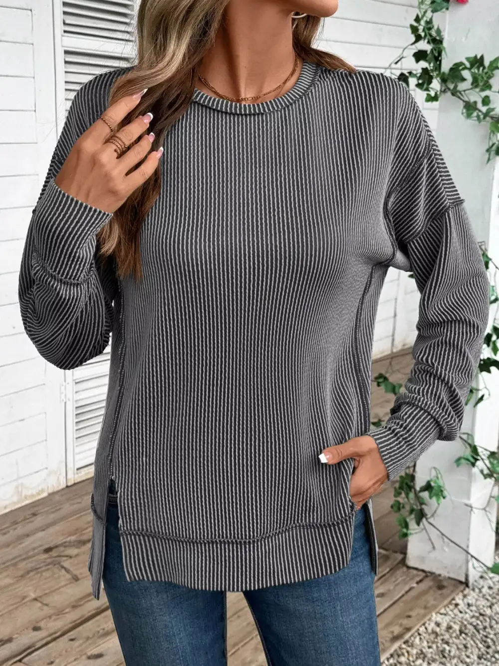 Side Slit Round Neck Sweatshirt