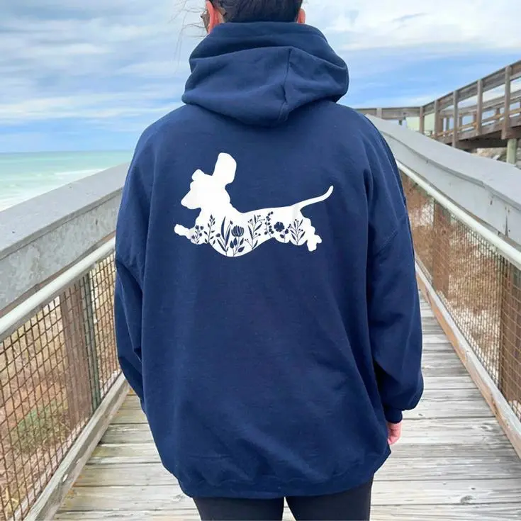 Retro Floral Dachshund Silhouette Hoodie Back Print