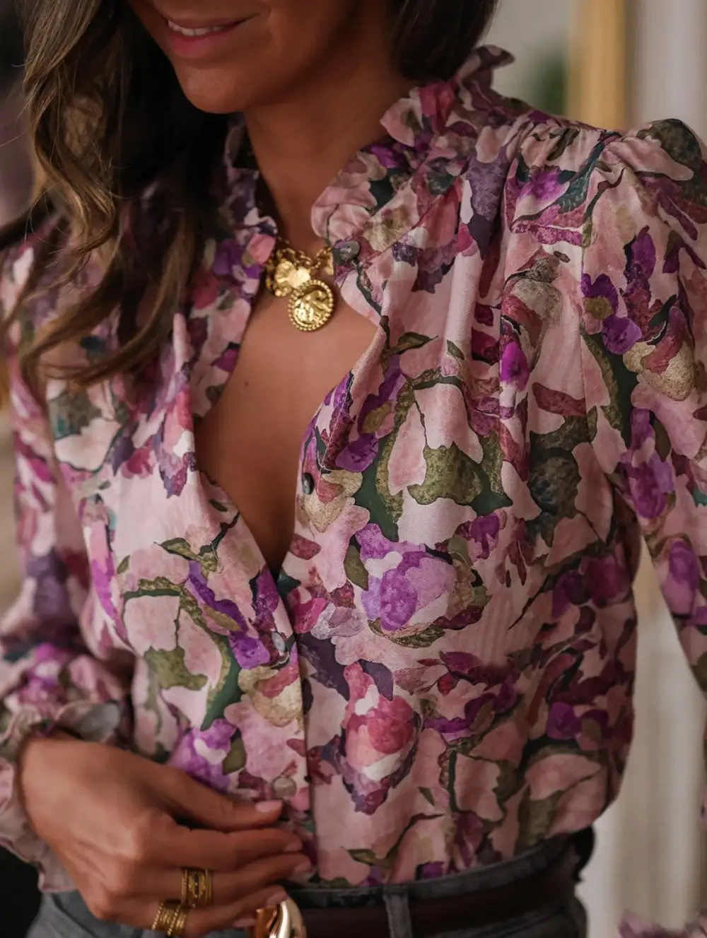 3d Floral Print V Neck Loose Blouse
