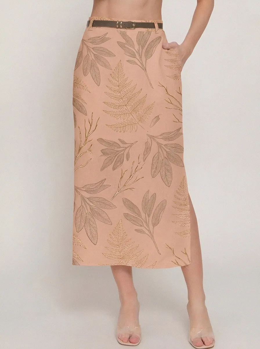 Women's Botanical Nature Lover Fern Leaf Printed Midi Skirt