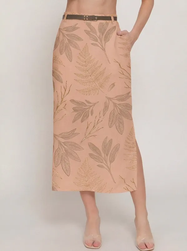 Women's Botanical Nature Lover Fern Leaf Printed Midi Skirt