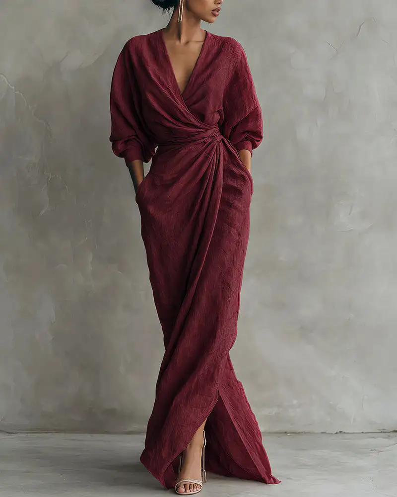 Elegant Deep V-Neck Draped Wrap Maxi Dress With Waist Tie