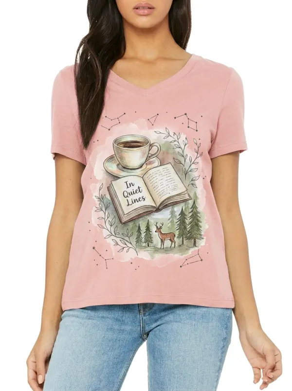 Women's Book Coffee Deer Forest Printed V-Neck T-Shirt