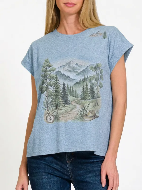 Women's Nature Hiking Lover Mountain Forest Compass Printed T-shirt