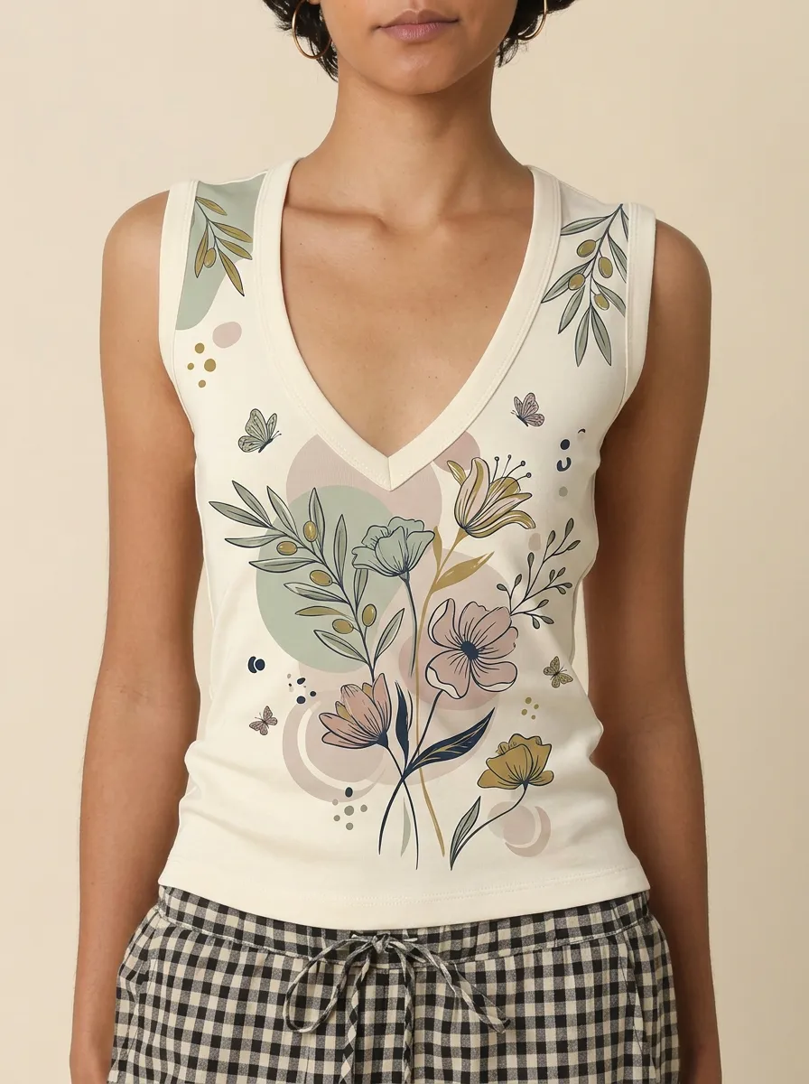 Women's Botanical Floral Butterfly Printed V-Neck Tank Top