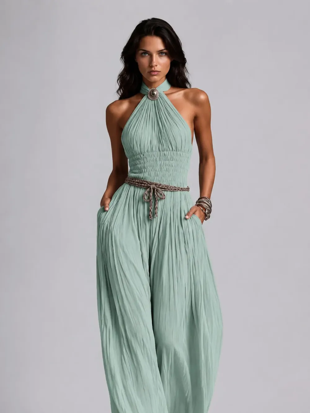 Taylor Pleated Halter-Neck Wide-Leg Jumpsuit