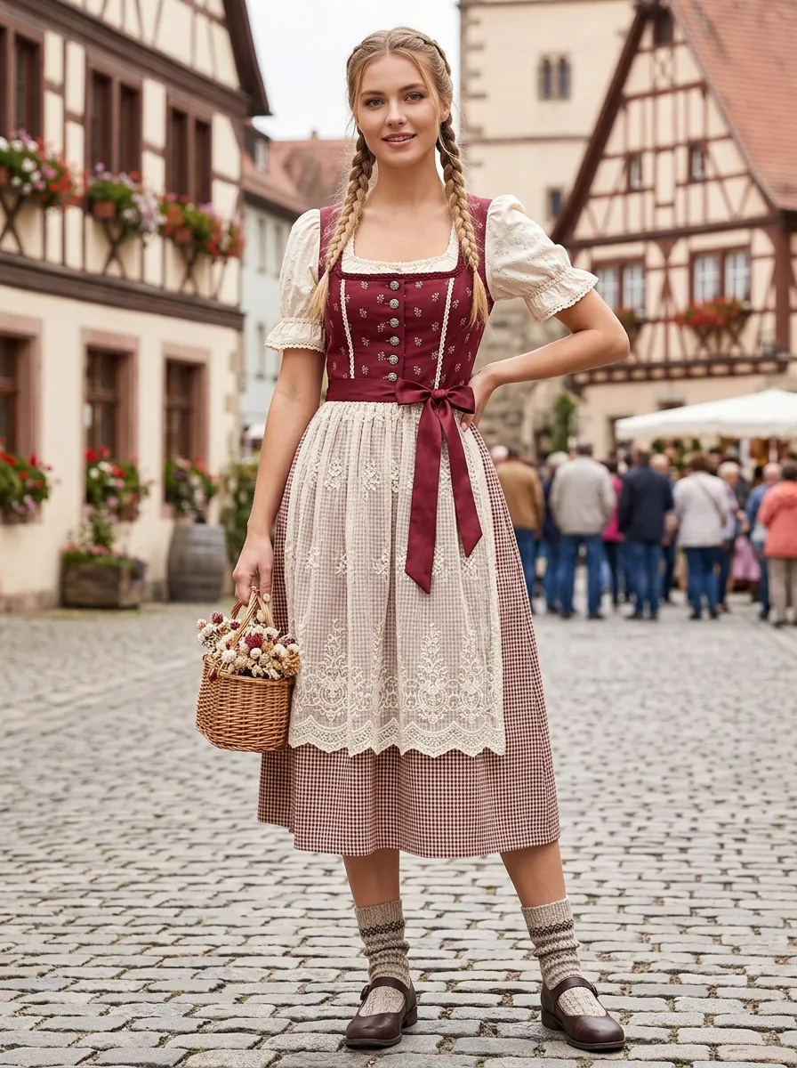 Gingham Lace Apron Square Neck Traditional Women's Bavarian Oktoberfest Dirndl Dress
