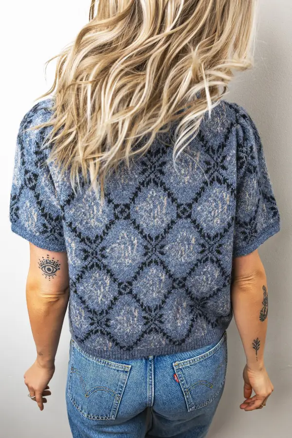 Button-Front Round-Neck Short-Sleeve Knit Cardigan