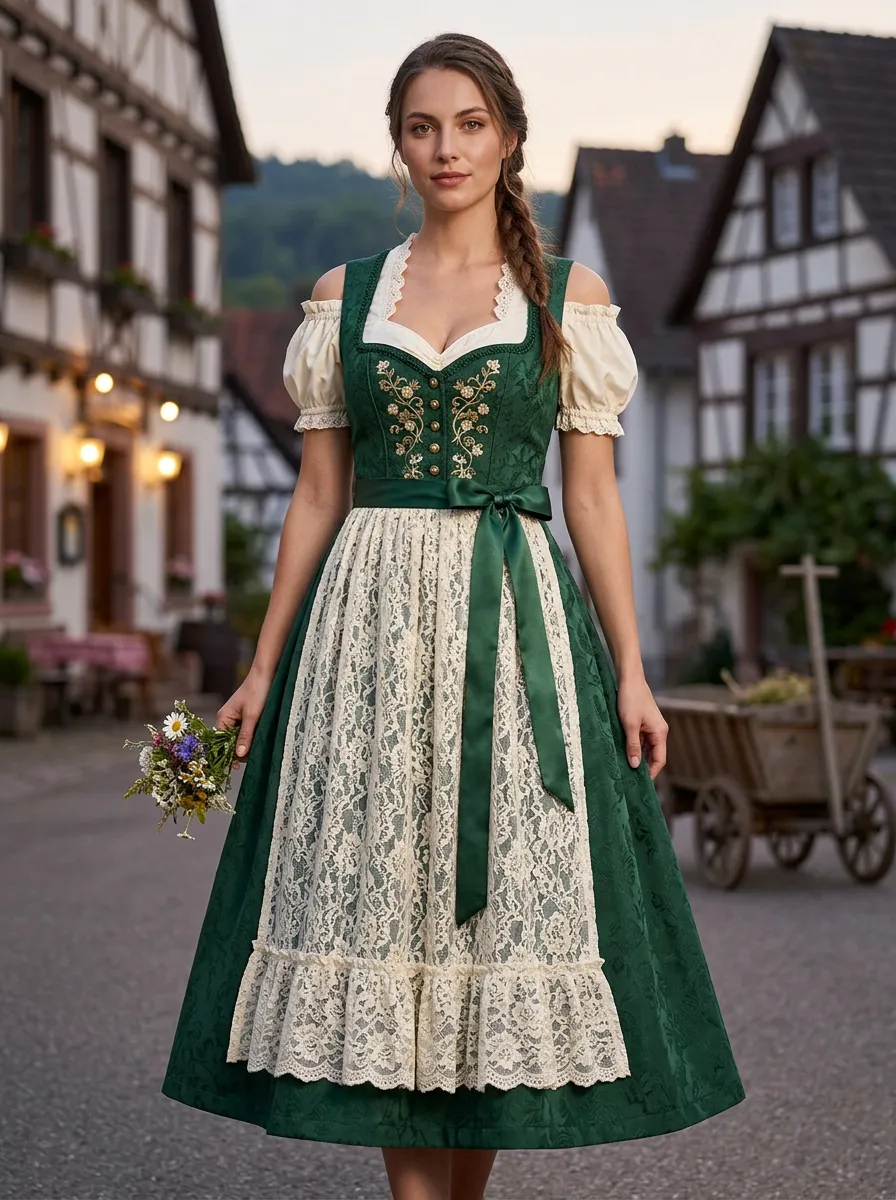 Floral Embroidered Lace Apron Sweetheart Neck Traditional Women's Bavarian Oktoberfest Dirndl Dress