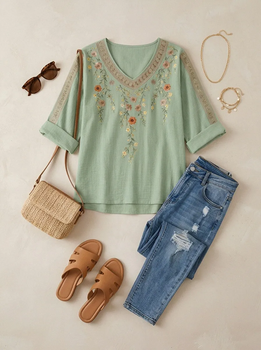 Women's Floral Boho V-Neck Embroidered Printed Short Sleeve T-Shirt