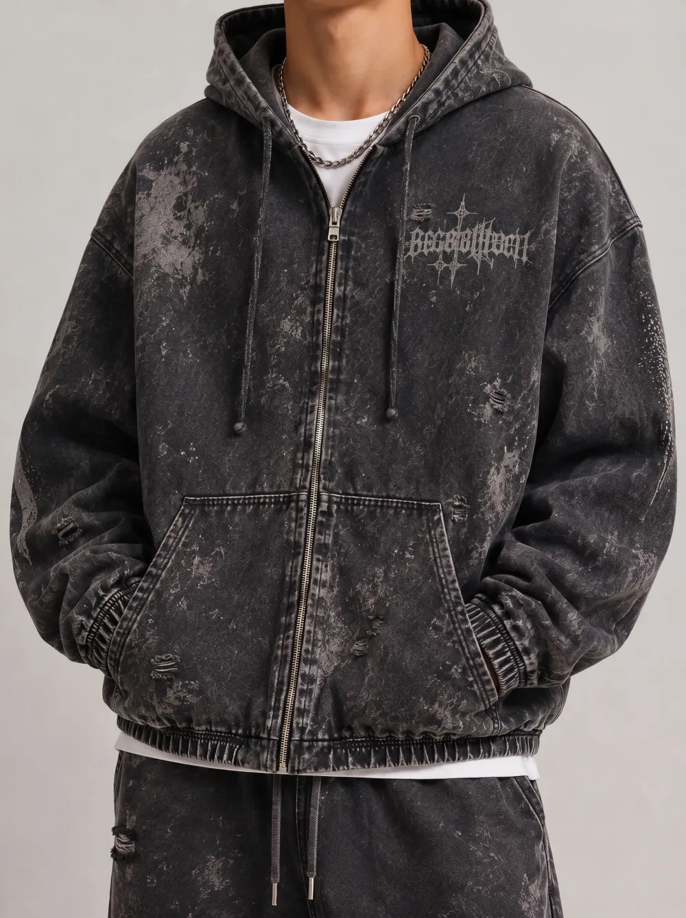 Men's Gothic Streetwear Acid Wash Distressed Printed Zip-up Hoodie