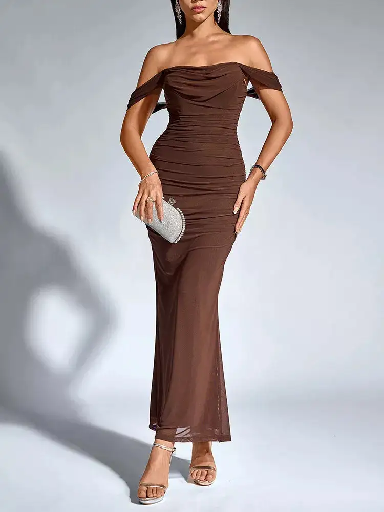 Relaxed Off Shoulder Ruched Mermaid Maxi Dress