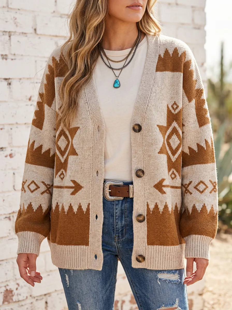 Women's Western Beige and Brown Southwestern Pattern Cardigan