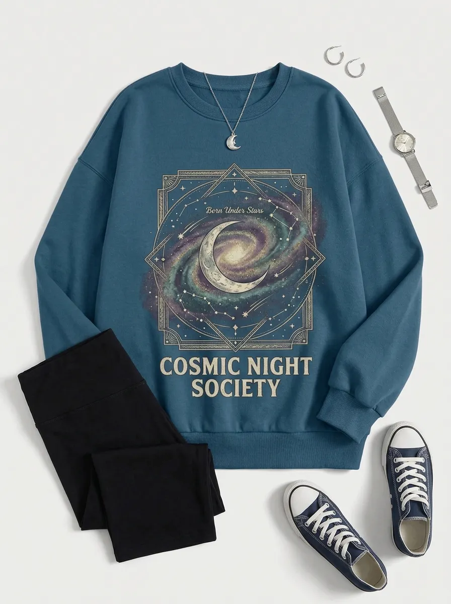Women's Cosmic Night Society Galaxy Moon Printed T-shirt