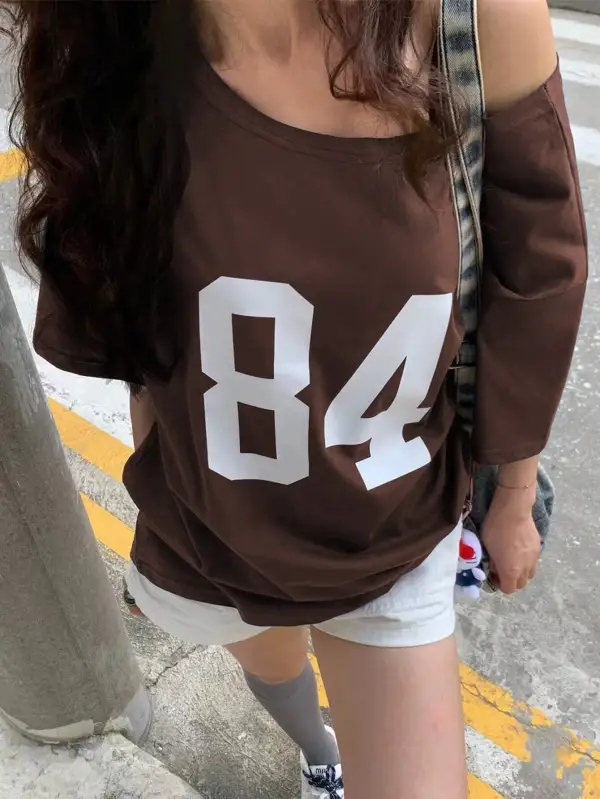 Women Brown Number 84 Off Shoulder Relaxed Fit T-Shirt