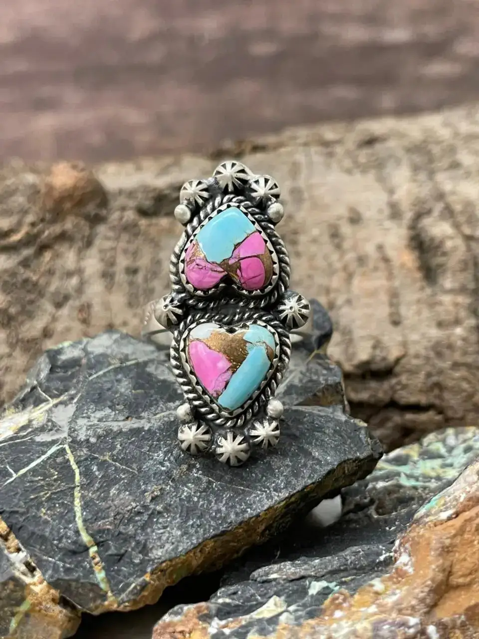 Heart Adjustable Statement Turquoise Sterling Silver Ring